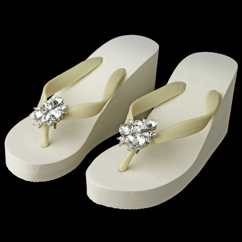 High Wedge Bridal Wedding Flip Flops with Multi Cut Rhinestone Accents