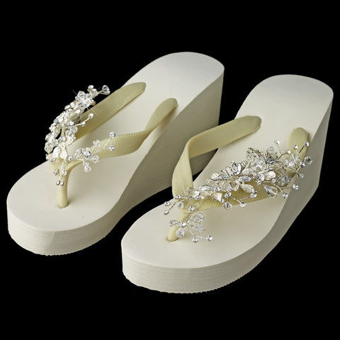 Floral Vine High Wedge Bridal Wedding Flip Flops with Crystal Accents