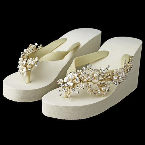 Floral Light Gold Vine High Wedge Bridal Wedding Flip Flops with Rhinestone & Pearl Accents