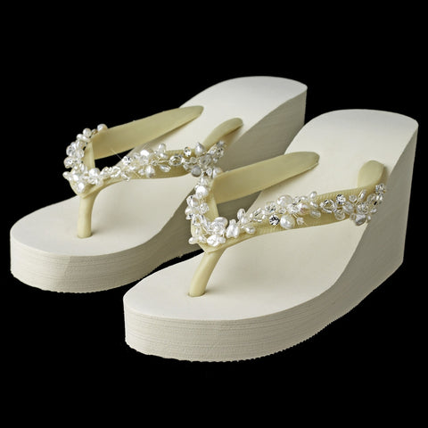 High Wedge Bridal Wedding Flip Flops with Crystal & Freshwater Pearl Accents