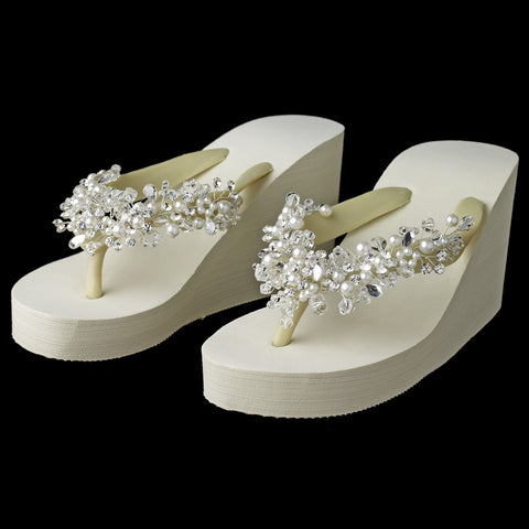 High Wedge Bridal Wedding Flip Flops with Crystal & Pearl Accents