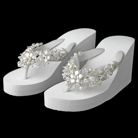 High Wedge Bridal Wedding Flip Flops with Crystal & Freshwater Coin Pearl Accents