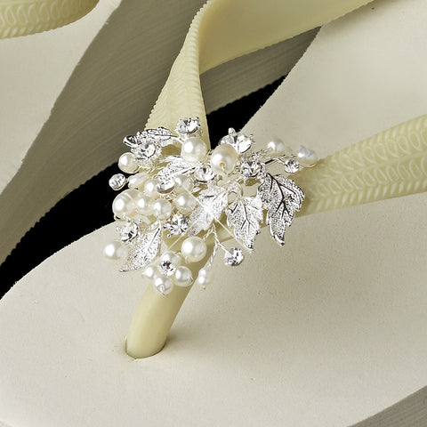 High Wedge Bridal Wedding Flip Flops with Rhinestone & Freshwater Pearl Leaf Accents