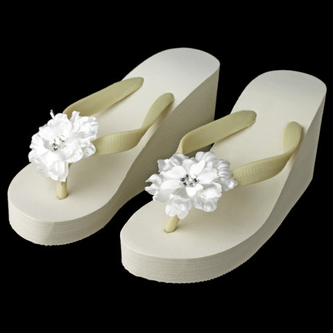 Flower High Wedge Bridal Wedding Flip Flops with Rhinestone Accents