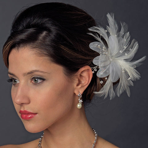 Feather Pearl & Austrian Crystal Flower Bridal Wedding Hair Clip 2581 with Bridal Wedding Brooch Pin