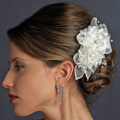 Crystal Rhinestone & Fresh Water Pearl Flower Organza Bridal Wedding Hair Clip 3701 Ivory