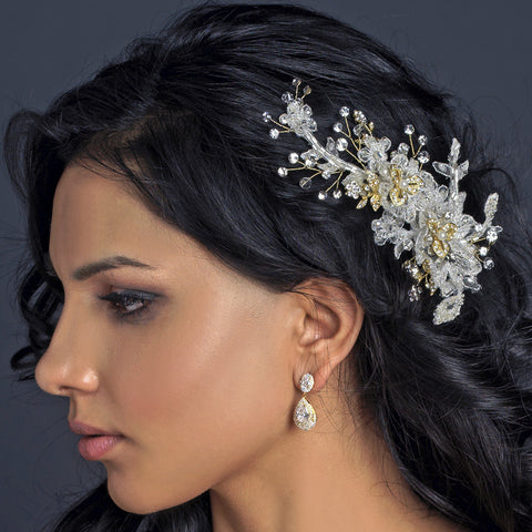 Silver Ivory Floral Lace Bridal Wedding Hair Clip with Pearl, Swarovski Crystal, Rhinestone & Bead Accents 4210