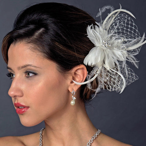 * Ivory Flower Feather & Crystal Fascinator Bridal Wedding Hair Clip 518