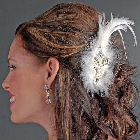 * Extraordinary White or Ivory Feather & Clear Rhinestone Bridal Wedding Hair Clip 5282