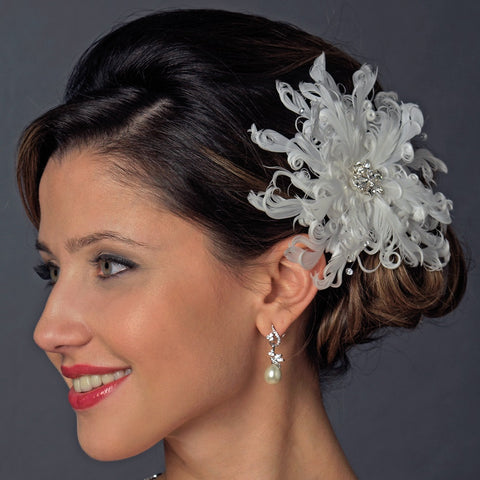 * Crystal & Rhinestone Feather Flower Bridal Wedding Hair Clip 5287