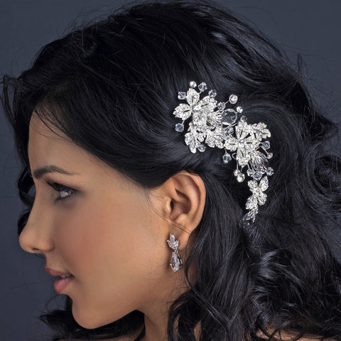 Silver Clear Swarovski Crystal Bead & Rhinestone Flower Bridal Wedding Hair Clip 7040