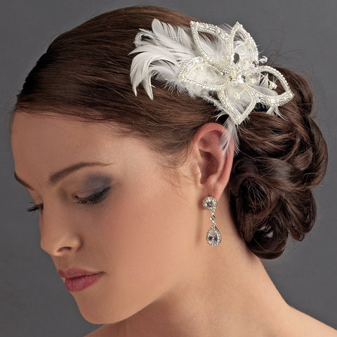 * Silver Plated Flower & Ivory Feather Fascinator Bridal Wedding Hair Clip 8396