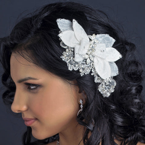 Pearl, Rhinestone & Bugle Bead Accent Flower Bridal Wedding Hair Clip 9642