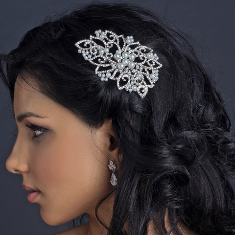 Rhodium Floral Swirl Rhinestone & Pearl Bridal Wedding Hair Comb 192