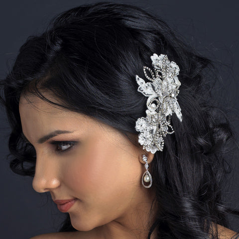 Rhodium Ivory Floral Lace Bridal Wedding Hair Comb 4155 with Swarovski Crystal Bead, Rhinestone & Sequin Accents