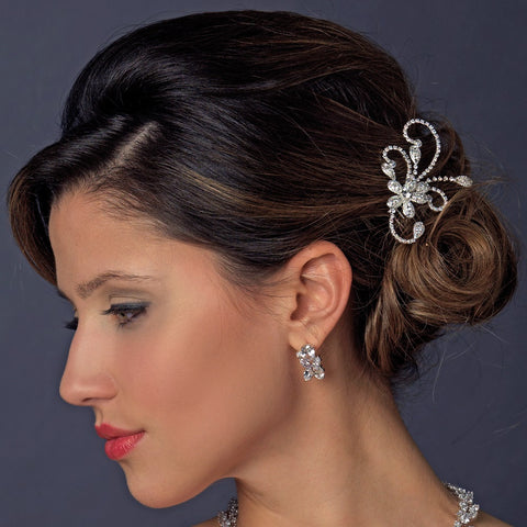 Silver Clear Floral Rhinestone Side Bridal Wedding Hair Comb 4285