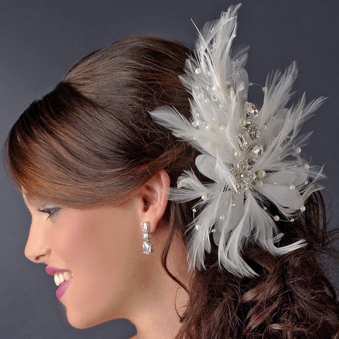 Incandescent Silver Clear Rhinestone & Ivory Feather Bridal Wedding Hair Comb 5552