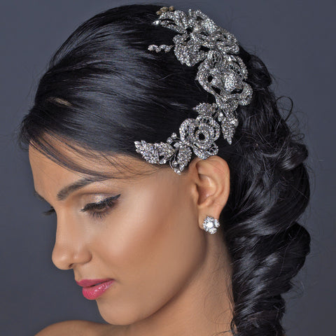 Rhodium Clear Rhinestone Floral Rose Side Accented Bridal Wedding Hair Comb 6449
