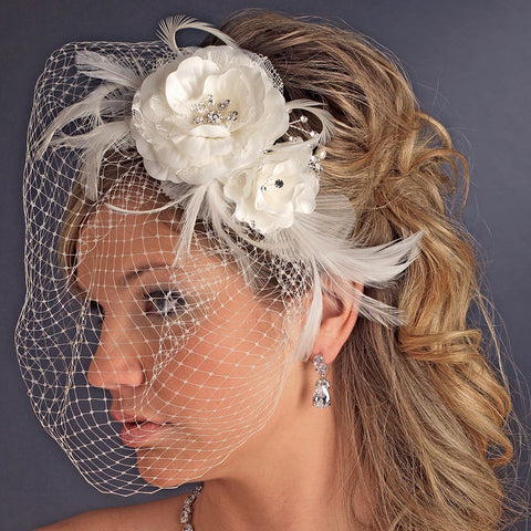 * Beautiful Feather Fascinator and Birdcage Face Bridal Wedding Veil Bridal Wedding Hair Comb in White or Ivory 755