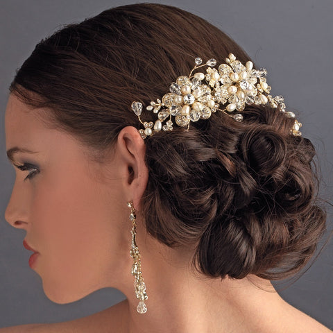 Stunning Gold & Pearl Bridal Wedding Side Bridal Wedding Hair Comb 7822 Gold