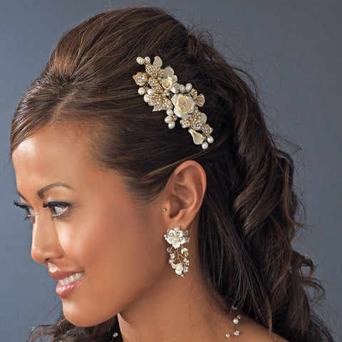 Precious Gold Flower Headpiece Bridal Wedding Hair Comb w/ Ivory Pearls 8278