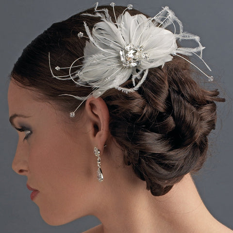 Couture White Feather Spray Bridal Wedding Hair Comb w/ Rhinestones 8401