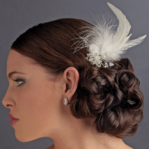 * Feather Tail Bridal Wedding Hair Comb with Floral Rhinestone Accent - Bridal Wedding Hair Comb 8403 White or Ivory