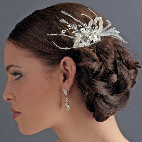 * Gorgeous White Butterfly Bridal Wedding Hair Comb with Feathers & Rhinestones 8419