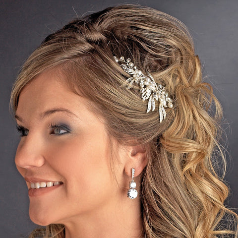 Lovely Silver Bridal Wedding Hair Comb w/ White Pearls & Clear Rhinestones 8988