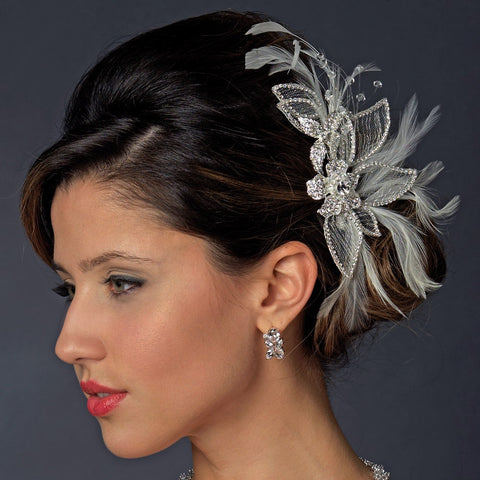 * Silver and White Feather Crystal Rhinestone Bridal Wedding Hair Comb or Bridal Wedding Hair Clip 911