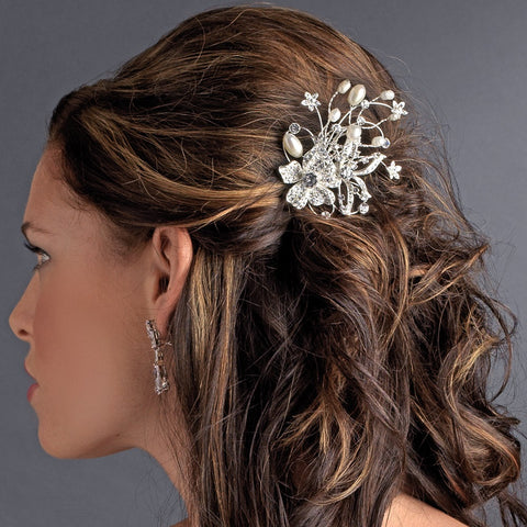 Lovely Silver Floral Bridal Wedding Hair Comb w/ Freshwater Pearls & Clear Rhinestones 9807