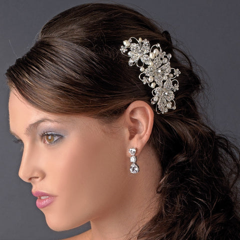 Delightful Silver Floral Bridal Wedding Hair Comb w/ Clear Rhinestones & Ivory Freshwater Pearls 9814