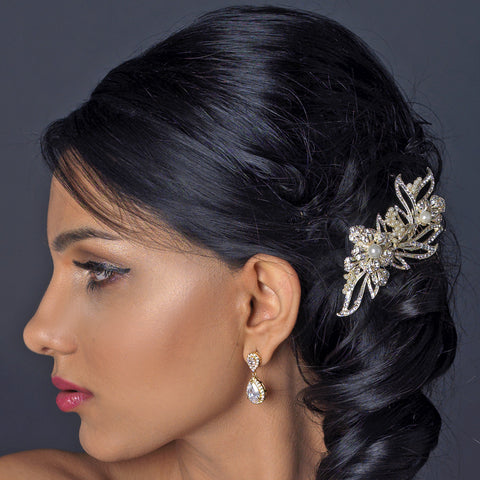 Light Gold Ivory Pearl & Rhinestone Flower Bridal Wedding Hair Comb 9876