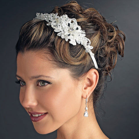 Floral Fabric & Crystal Side Accented Bridal Wedding Headband Headpiece 2292