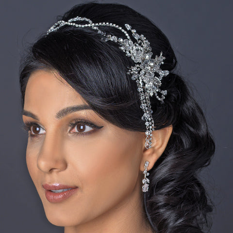 Rhodium Clear Rhinestone Side Accented Dangle Bridal Wedding Hair Vine Bridal Wedding Headband