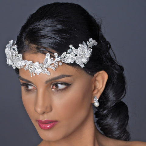 Silver Ivory Floral Lace Bridal Wedding Side Headband with Pearl, Swarovski Crystal, Rhinestone & Sequin Accents