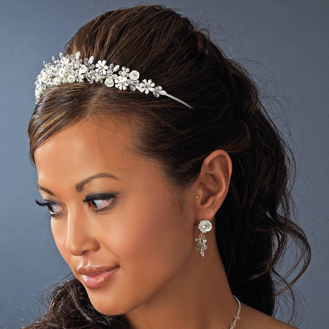 Porcelain Flower Accented Bridal Wedding Tiara HP 4429 Silver