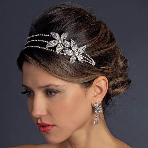 Antique Silver Clear Side Accented Flower Rhinestone Side Accented Bridal Wedding Headband 664