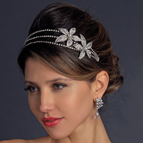 Antique Silver White Pearl & Rhinestone Floral Side Accented Bridal Wedding Headband 668