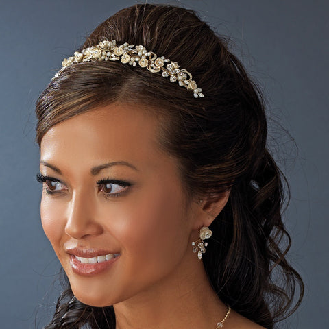 Floral Rhinestone Champagne Elegance Bridal Wedding Pearl Bridal Wedding Headband - HP 7539 Gold