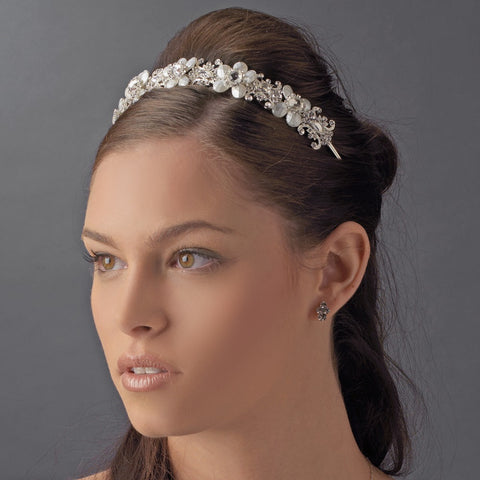 * Lovely Silver Clear Crystal & Ivory Flower Headpiece 8267