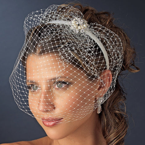 Silver Ivory Pearl & Clear Rhinestone Bridal Wedding Veil Bridal Wedding Headband Headpiece 8324