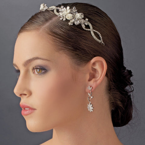 Antique Silver Ivory Bridal Wedding Headband with Flower Accents HP 8345