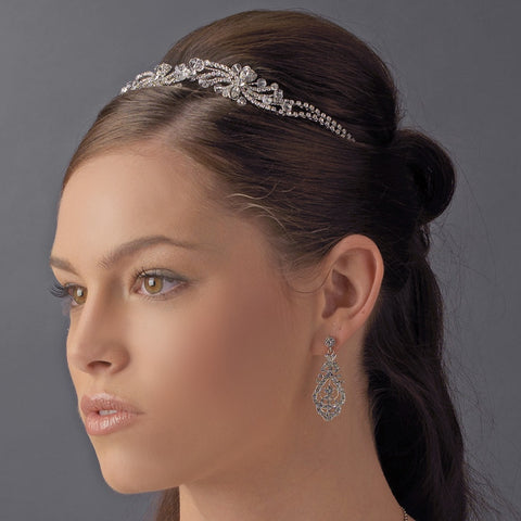 Floral Rhodium Flower Rhinestone Spray Headpiece - HP 8413 Silver