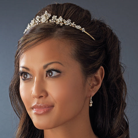 Gold & Ivory Pearl Floral Bridal Wedding Tiara HP 8452