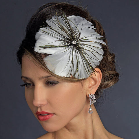 * White Peacock Feather Side Accented Bridal Wedding Headband Headpiece 954
