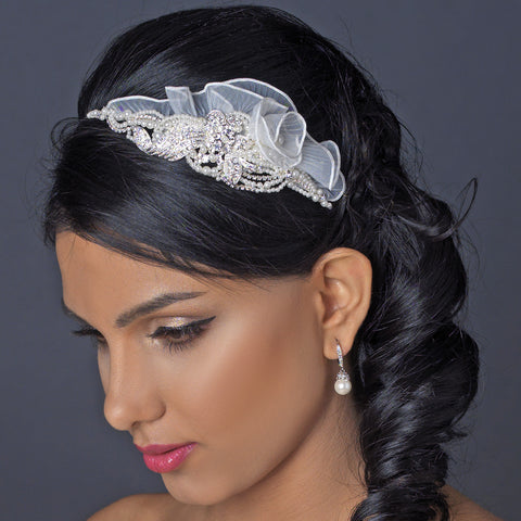 Exquisite Side Accented Rhinestone, Pearl & Ivory Tulle Bridal Wedding Headband 9609
