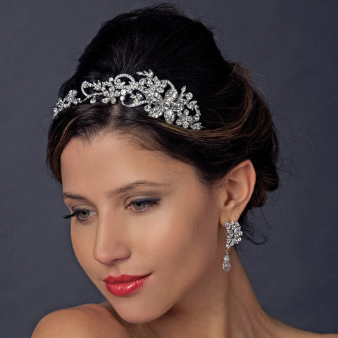 Antique Silver Clear Rhinestone Floral Leaf Vine Side Accented Bridal Wedding Headband Headpiece 961