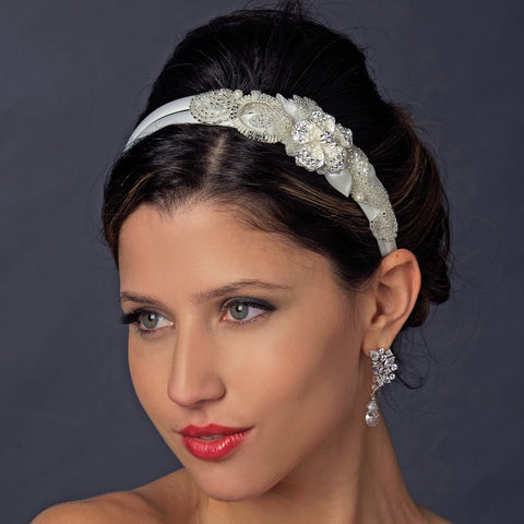 * Bugle Bead, Pearl & Rhinestone Double Side Accented Floral Bridal Wedding Headband 962