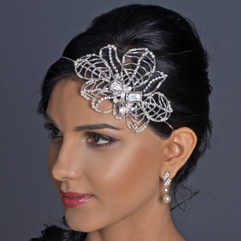 Silver Diamond White Pearl, Rhinestone & Bugle Bead Side Accented Bridal Wedding Headband Headpiece 9622